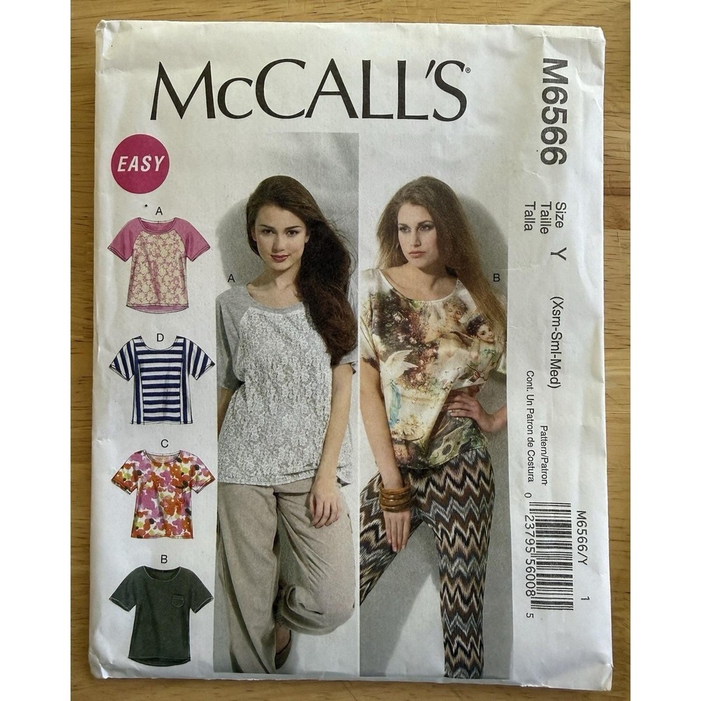 McCalls Easy Pattern M6566 Pullover Tops w/Cap Sleeves & Variations Size XS-M